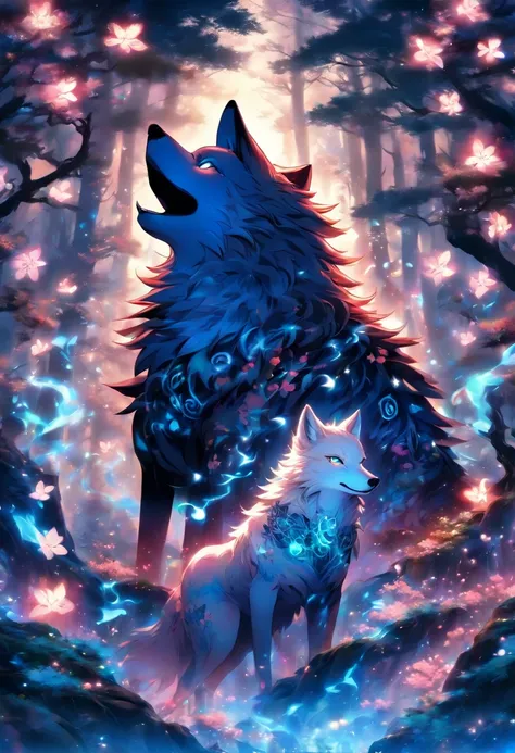 The most beautiful and enchanted wolf spirit, white hair, glowing blue eyes, tons of tattoos and piercings, in the most beautiful enchanted forest, graffiti and kanji elements in the background, cherry blossoms blowing in the wind, highly detailed, perfect...