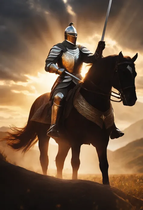 "Royal Knight with a majestic aura, adorned in gleaming armor, wielding a legendary sword, standing tall amidst a medieval battlefield, rays of sunlight illuminating the scene."