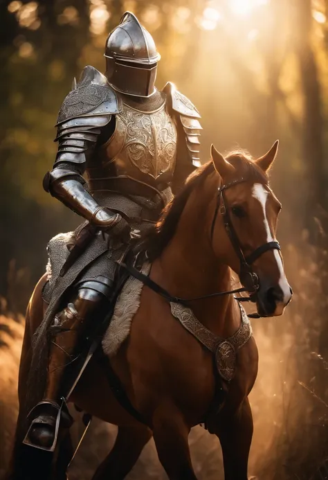 "Royal Knight with a majestic aura, adorned in gleaming armor, wielding a legendary sword, standing tall amidst a medieval battlefield, rays of sunlight illuminating the scene."