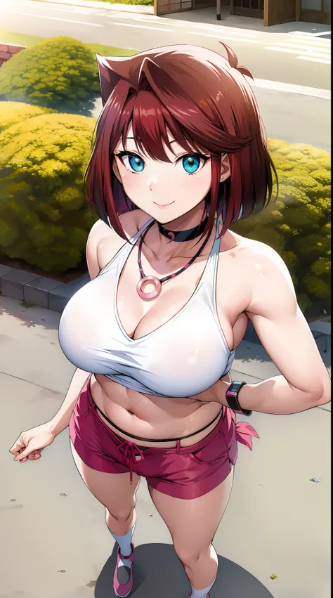 巨作, Best Quality, highres, Amazake, (Antenna hair:1.2), outdoors, smile, Navel huge breasts Mazaki Anzo Kyoko Masaki / Yu Ji Oh! Cyan eyes yellow bra pink jacket pink shorts necklace, choker, watch earrings