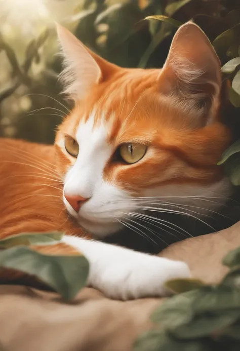 A cat sleeping under a bush，Under the sun，Warm orange hair，Detailed sketch style，The close-up focuses on the cats eye，The eyes are painted with jewel-like material，quadratic element，，illustration