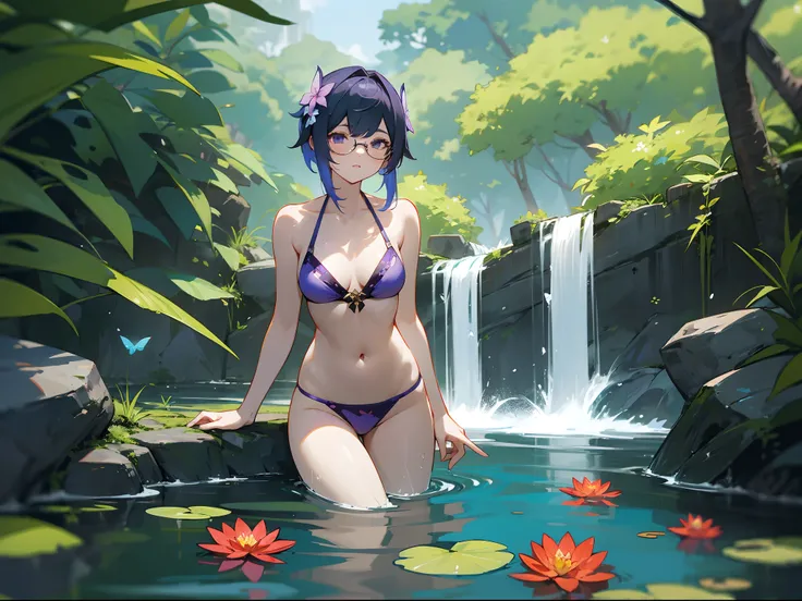 [Game 1.5], [Genshin Impact 1.5], [Keqing 1.5], Keqing, swimming in pond, waterfalls and flowers, Butterflies, beautiful and highly detailed scenery, perfect posture, glasses, purple bikini