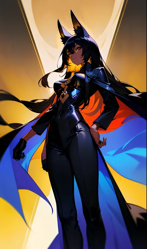 Anubis, a dark-skinned woman with medium breasts and long black hair with golden cat ears, wearing a black blouse and a blue overcoat on her back.