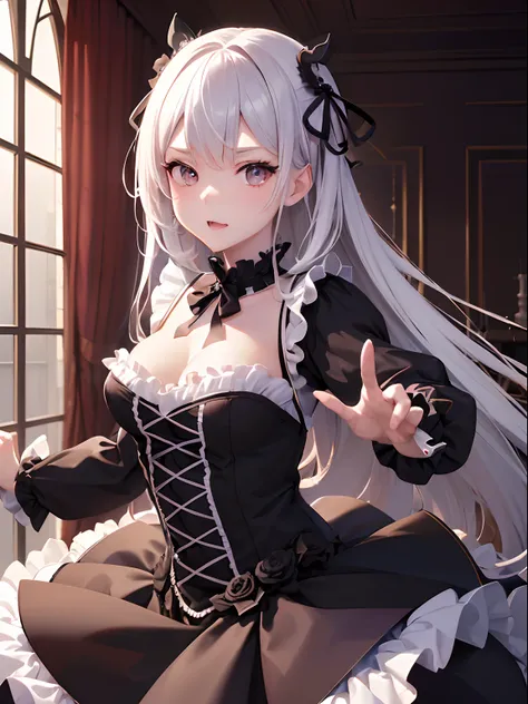 (masutepiece, Best Quality), (absurderes), (Illustration:1.2), (ultra-detailliert, 8K, 超A high resolution:1.2), 1girl in, 年轻, Cinematic, (Dynamic Pose:1.2), frilly dress, gothic room, light, Tearing portraits