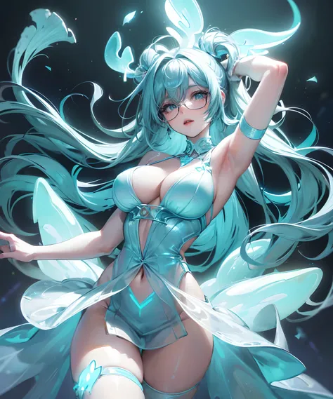 (masterpiece), best quality, busty woman in a (((Bioluminescent dress))), colorful hair, punk hair, undercut, light blue colors, large hips, lights, arms in the air, future glasses