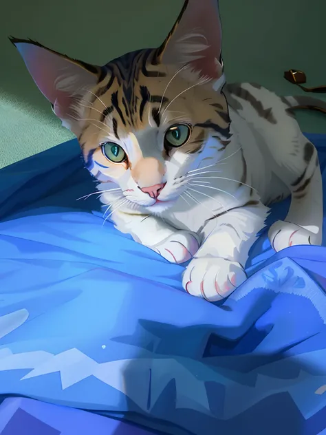 there is a cat that is laying down on a blue sheet, cute furry needs your help, there is full bedpan next to him, a handsome, a cat, with cute doting eyes, very handsome, white ( cat ) girl, cat female with a whit and chest, photo of a cat, male emaciated,...