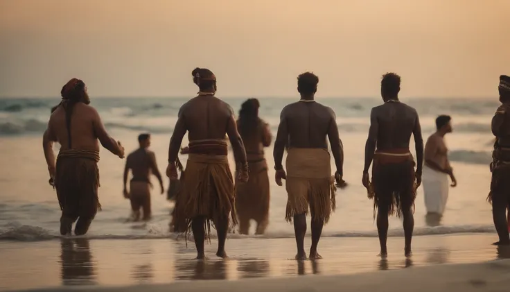 Initial meeting between crew of a ship and indigenous people on the beach