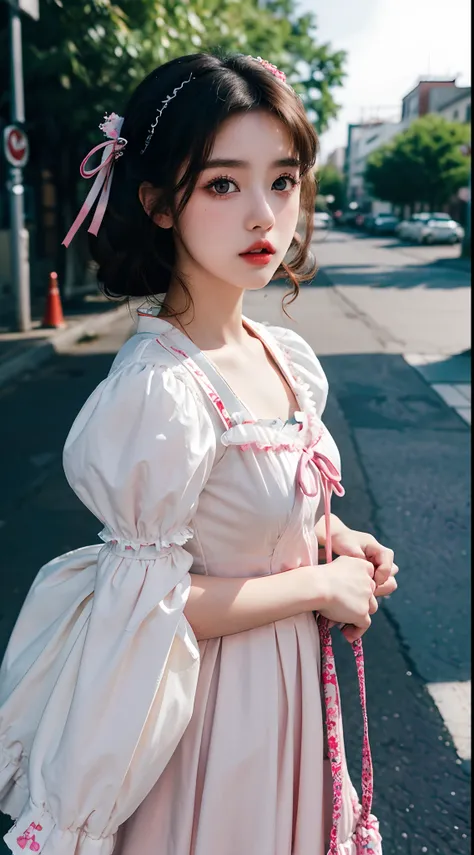 (Best quality,16k,High resolution photography:1.2), Lolita style, Wearing Lolita clothes, Korean and Japanese beautiful girls, Street background, Vibrant colors, Detailed eyes and lips, Ultra-fine painting, Sharp focus, Studio lighting