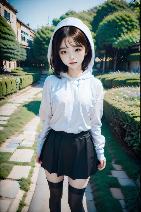 top-quality、masuter piece、ultra-detailliert、8ｋ、独奏、Kawaii Girl、7 years old、Short stature、White hoodie、a black skirt、Black knee socks、blurry backround、plein air、flower  field