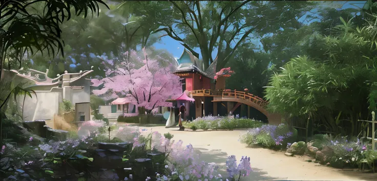 Bamboo architecture,Flowers are in full bloom,arcadia,Open yard,and the sun was shining brightly,Pink peach blossoms,SENSE OF CINEMA,Flowers,Winding paths,Chinese classical,CG animation,Romantic afternoon,Epic composition,Chinese classical，HD engraving，Buc...