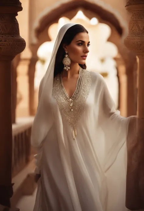 A woman with black brown and sharp hair, white-skinned, Wear Womens White Costume Islamic Kaftan ;hijab veiled,Fitness,Good dresses.,A beautiful , Amazigh jewellery in Andalusias palaces looks forward,medium:oil painting,detailed clothes,Detailed structure...