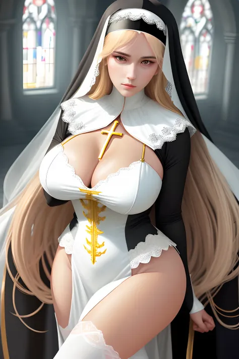 (best quality,4k,8k,highres,masterpiece:1.2),ultra-detailed,(realistic,photorealistic,photo-realistic:1.37),anime,detailed scenery,sunlight from above,gorgeous cathedral,white cross sculpture,nun,mature lady,tall,curvy,plump,porcelain complexion,golden hai...