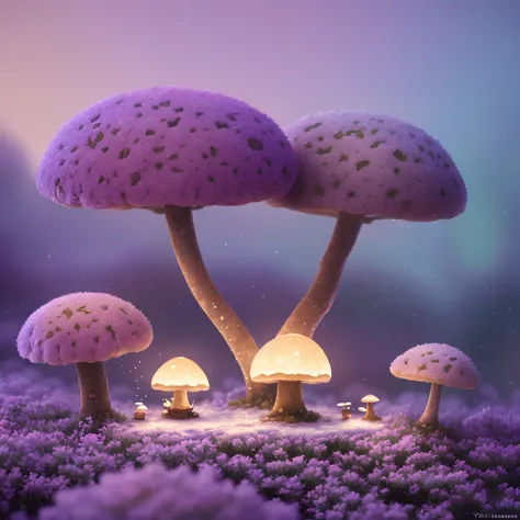 Oil painting of a cosy vintage tiny cute fungi, on a icy planet, in a. lavender haze, octane render by weta digital, exotic colorful pastel, ray traced lighting and reflections by Yoji shinkawa