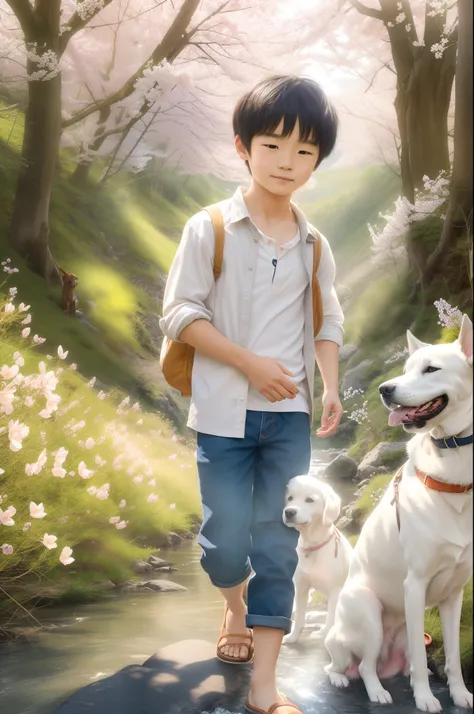 Boy and dog traveling through the valley in spring、The water is still cold、But the light is gaining warmth，Boy in jeans and white shirt、Dogs are small dogs、Spring flowers are blooming at your feet