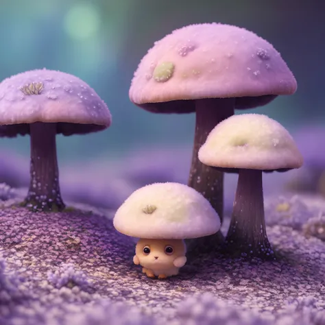 Oil painting of a cosy vintage tiny cute fungi, on a icy planet, in a. lavender haze, octane render by weta digital, exotic colorful pastel, ray traced lighting and reflections by Yoji shinkawa