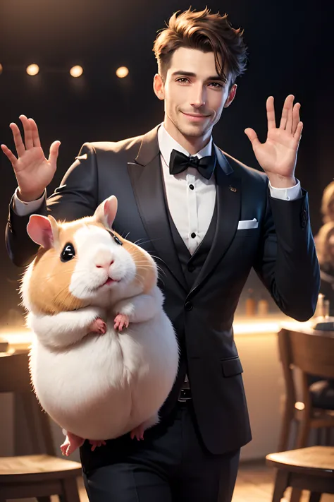 Male Host waving goodbye with a smiling guinea pig in the background. (realistic)