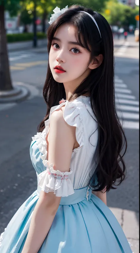 (Best quality,16k,High resolution photography:1.2), Lolita style, Wearing Lolita clothes, Korean and Japanese beautiful girls, Street background, Vibrant colors, Detailed eyes and lips, Ultra-fine painting, Sharp focus, Studio lighting