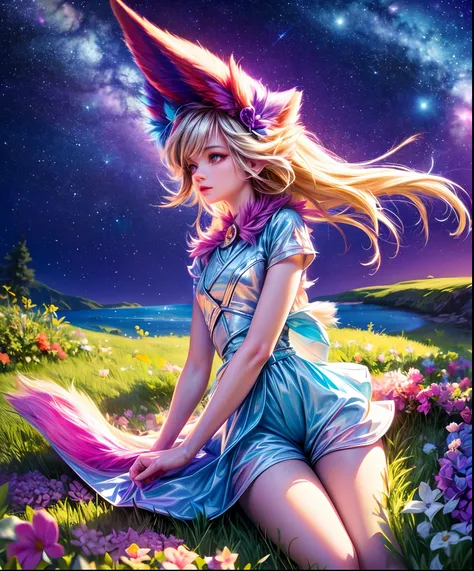 Describe a scene where a cute girl character is lying on a grassy hill, Looking up at the starry sky. Surround her with colorful nebulae and her favorite constellations.