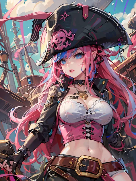 Original, very detailed wallpaper, very detailed illustrations, (1 Girl) , perfect female body, beautiful eyes, (delicate face) , (seductive expression) , eyes, impact,
pirate hat, pirate costume1.5, pirate, pirate ship, red lips, from below1.2, wide hips,...