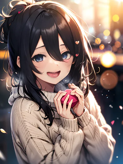 girl with, Black hair, cosy sweater on, Upper body, (great laughter:1.1), (Open mouth:1.1), (Wide open eyes:1.2), Sun glare, Bokeh, depth of fields, Blurry background, light Particle, strong breeze, (Heart particles:1.1), 4K