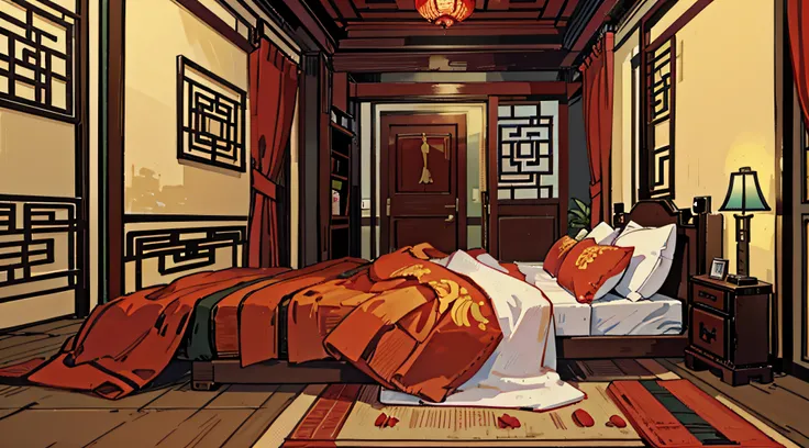 Chinese-style rooms，There is a bed，the night，the sideview