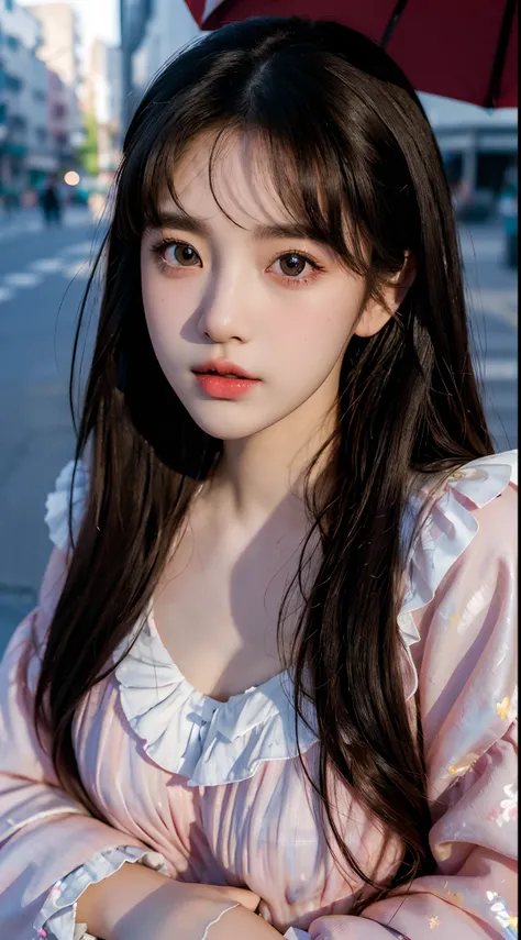 (Best quality,16k,High resolution photography:1.2), Lolita style, Wearing Lolita clothes, Korean and Japanese beautiful girls, Street background, Vibrant colors, Detailed eyes and lips, Ultra-fine painting, Sharp focus, Studio lighting