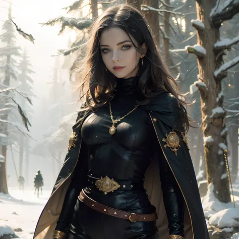 enjinight as 1girl, cowboy shot of rvn, hotraven, pale skin, black leotard, turtleneck, tights, cape, glowing eyes, gold belt, jewels, medallion, athletic, looking at viewer, night, dark forest, mist, fog, volumetric lighting, best quality, masterpiece, in...