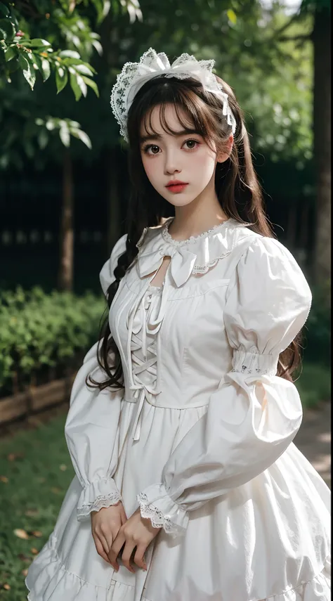 (Best quality,16k,High resolution photography:1.2), Lolita style, Wearing Lolita clothes, （A costume with a Lolita style，Lace is included in the requirements、Elements such as bows and puff sleeves，And it presents the characteristics of elegance and cutenes...