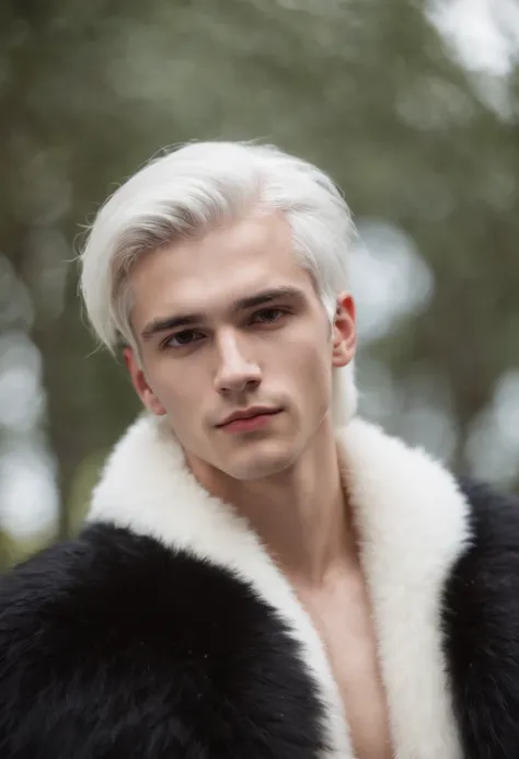 Young man, 20 years old, white hair, shirtless, wearing a black fur coat