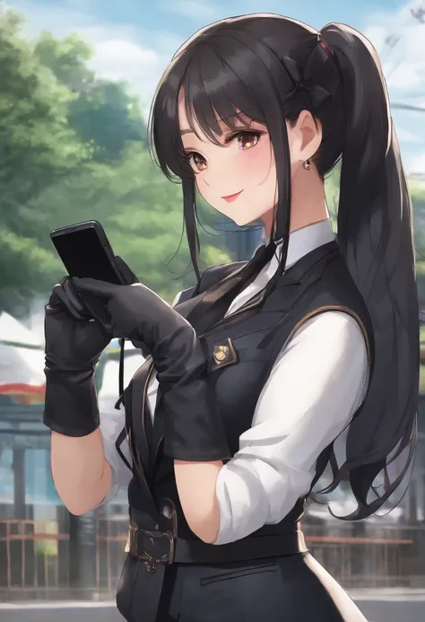 Black leather gloves in both hands, blazer and ribbon uniform, black hair ponytail, upper body, conversation with a smile with a black smartphone, cute Japanese girl (black leather gloves covering both hands) traveling alone