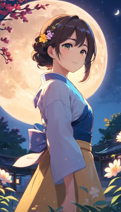 best quality, high_resolution, distinct_image, detailed background ,girl, hanbok,flower,garden,moon, night,