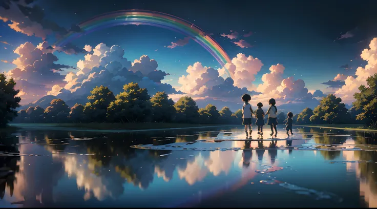 An anime-inspired scene with intricate details where children play happily in a puddle of water. Ensure the highest quality and use HDR, UHD and 64K resolution for a complex composition. Incorporate a vivid, colorful rainbow arcing across the sky. Artists:...