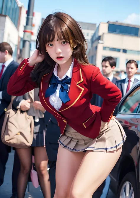 girl in a short skirt and red blazer posing for a picture, a hyperrealistic schoolgirl, seductive girl, hyperrealistic schoolgirl, beautiful high school girl, attractive girl, detailed, fear and ashamed expression