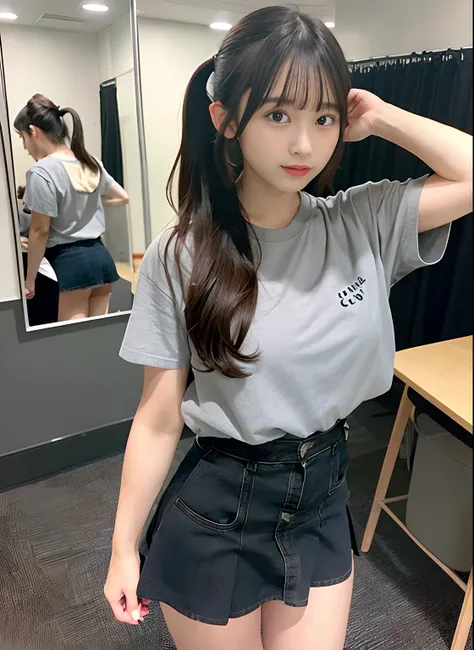 ,C Cup,gal make,,Dark night background,Dark and low image quality,Gray shirt,With a friend girl,‎Classroom,Denim tight skirt,Girl in the mirror,poneyTail,,Brown hair,The whole body is reflected