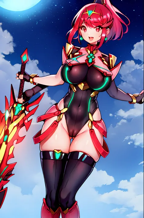 pyra (xenoblade), teen_1girl, loli, bangs, black gloves, breasts, red eyes, shout, earrings, eyelashes, fingerless gloves, floating hair, , gem, gloves, hair ornament, headpiece, jewelry, big_breasts, leaning back, swimsuit, neon trim, official art, pose, ...