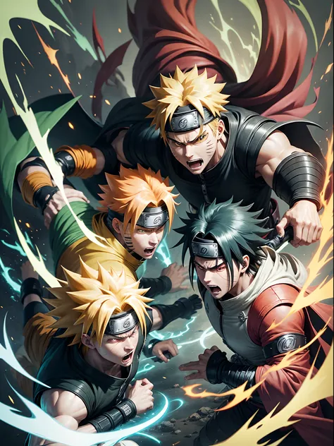 Naruto in sage mode fighting Madara in an epic battle, anime style, colorful, dynamic, detailed