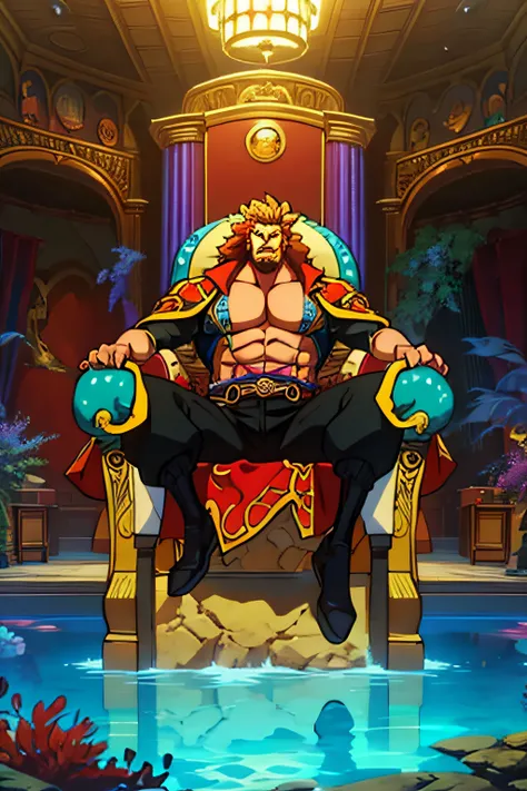 create a big muscle man, with proportional scales, detailed face, seated on a chair, with lion pelt clothes, he is on a room with a big aquarium on his back