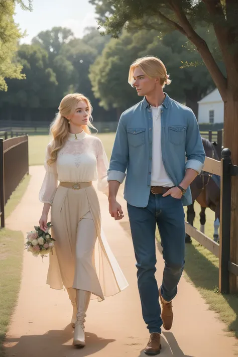 Year: 2023. Location: Aiken, South Carolina. pre-raphaelite blonde woman strolling with her ((boyfriend)) in an equestrian center, horses in the background, ((2020s casual clothes)) ((2020s hairstyle)) ((in the style of "OMITB")) ((cinematic style))