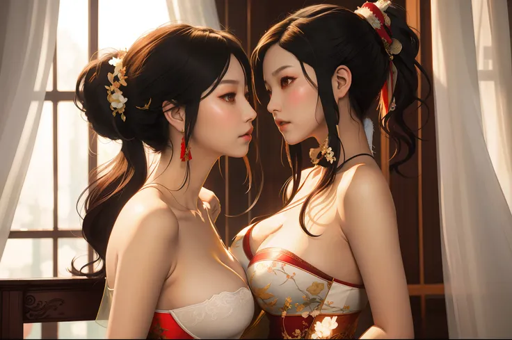 two women in lingersuits are touching noses in front of a window, artwork in the style of guweiz, wlop and sakimichan, wlop and ross tran, beautiful digital artwork, ruan jia and artgerm, lesbian art, artgerm and ruan jia, two beautiful anime girls, wlop a...