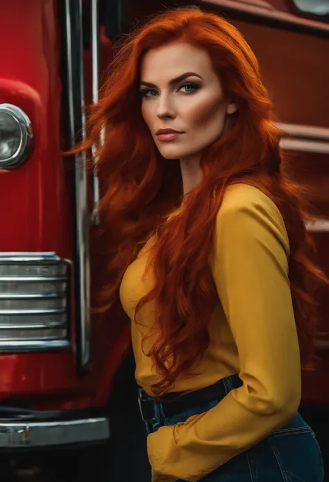 trucker woman red hair looing in the camera frontal