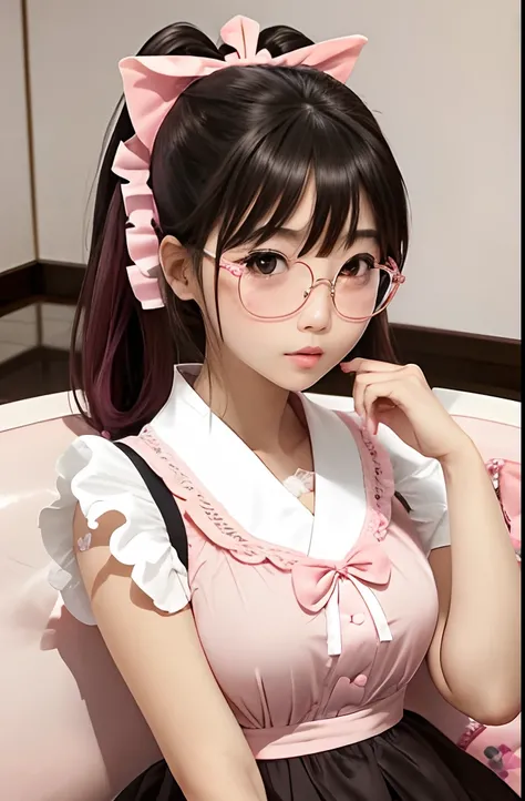 Japanese girl Kawaii, Cute Hairstyles, Eyes shine, Brown eyes, Glasses Girl, Cute Girl, Ponytail, Lolita Black Pink Bunny Dress, Face the audience., Sit cross-legged on a pinkish-white sofa, Pink Living Room,