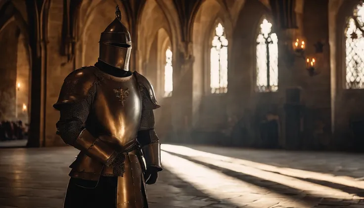 burgundian 16th century knight in full plate decorated parade gleaming armor inside a gothic style castle hall, rays of sunlight passing through the windows, cinematic, hdr, high quality, Intricate details