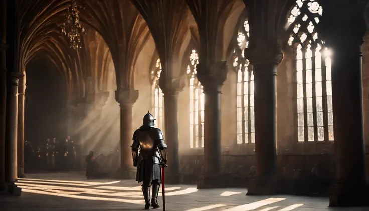 burgundian 16th century knight in full plate decorated parade gleaming armor inside a gothic style castle hall, rays of sunlight passing through the windows, cinematic, hdr, high quality, Intricate details