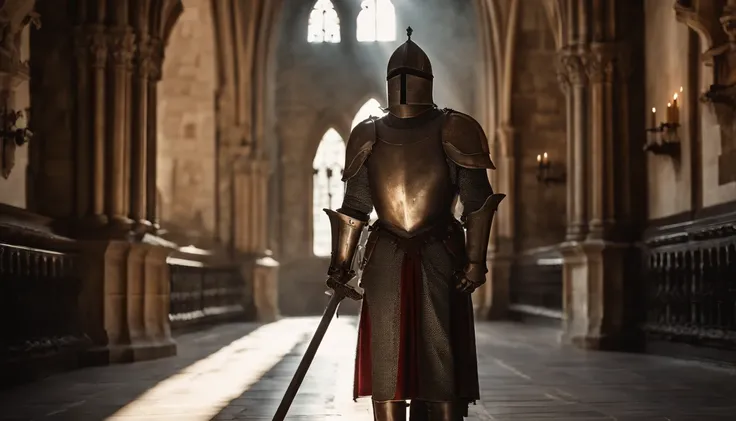 burgundian 16th century knight in full plate decorated parade gleaming armor inside a gothic style castle hall, rays of sunlight passing through the windows, cinematic, hdr, high quality, Intricate details