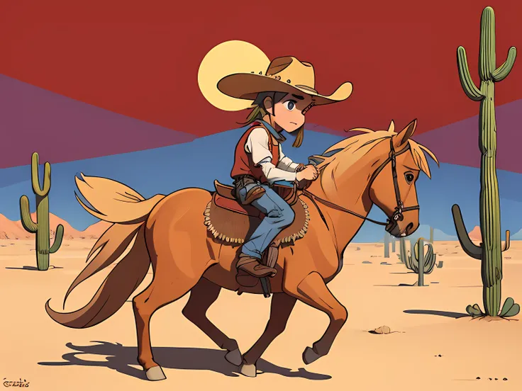 2 d animation, Child dressed as cowboy, montadas em cavalos, Deserto do Arizona, estilo cartoon, country, Alegre