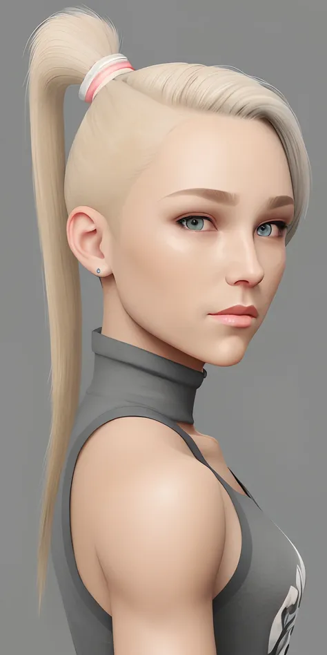 blond hair, gray eyes, short stature, hairstyle ponytail, 8k, super realism