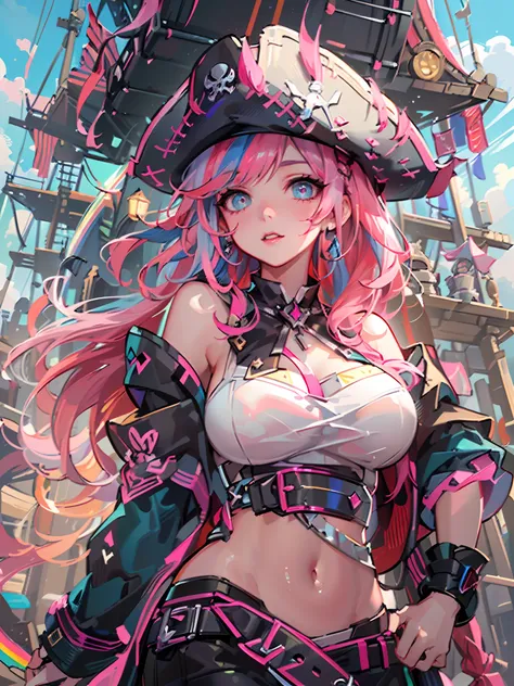 Original, very detailed wallpaper, very detailed illustrations, (1 Girl) , perfect female body, beautiful eyes, (delicate face) , (seductive expression) , eyes, impact,
pirate hat, pirate costume1.5, pirate, pirate ship, red lips, from below1.2, wide hips,...