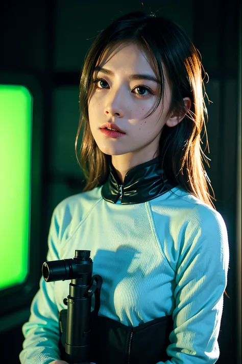 (Small grain:0.5), motion picture,youthful, outer space, serious, detailed eyes, detailed face, Futuristic clothing details, Lights in clothes, (Aim the gun.:1.1), (concealment:1.1), (sideways glance:1.1), volumetric light, solitude, horror, dark light, Re...