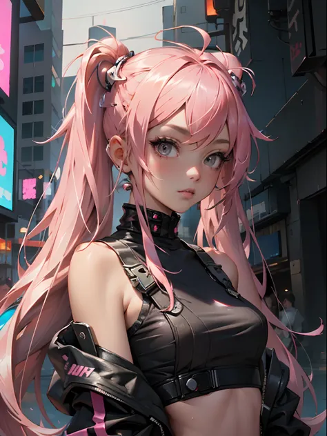 Beautiful woman pink twin tail long hair、cyberpunk style short clothes、gazing at viewer、front facing、