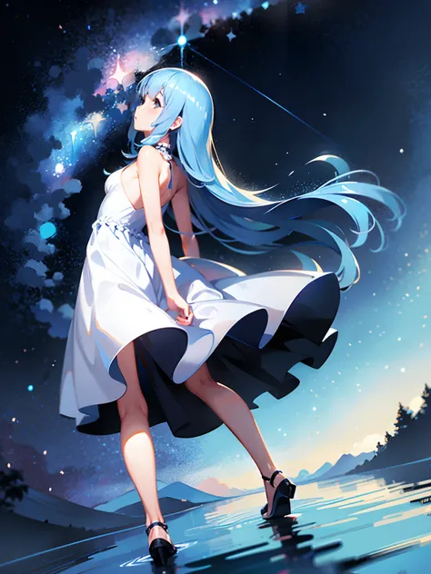 Illustration Neat and clean girl、Fantastical 、blue-sky 、Back lighting、 Gentle face、Black girl in white dress looking up at the sky、 full body Esbian、Beautiful detailed sky with shining stars,full body Esbian、Twinkle、 Low Angle Super Long Shot